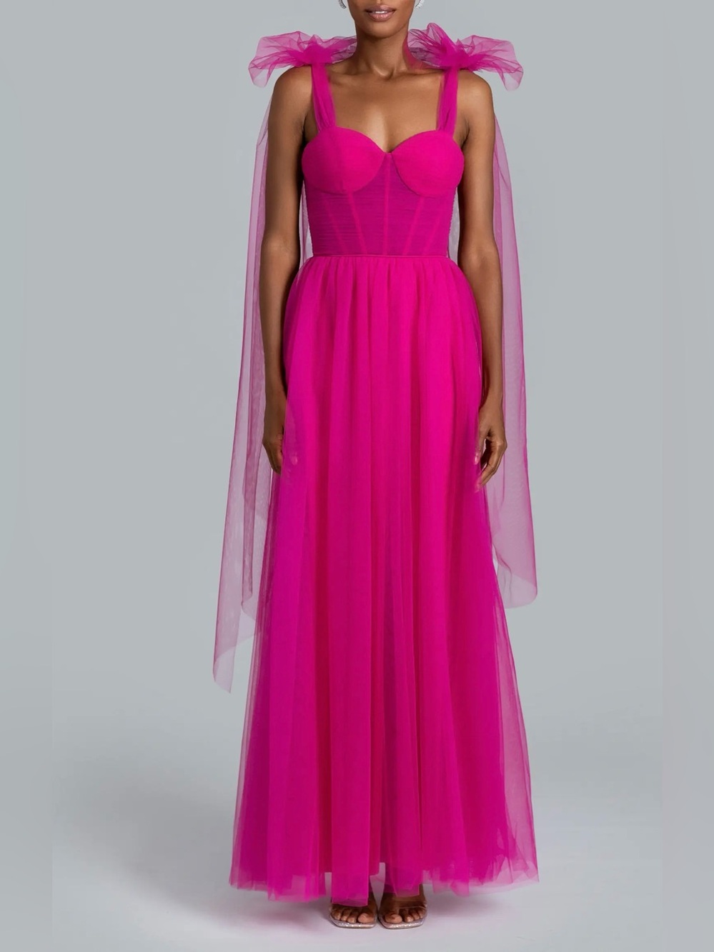 GHRAIL NYC Brianna Tie Shoulder Mesh Gown Dress Fuchsia Pink NEW
